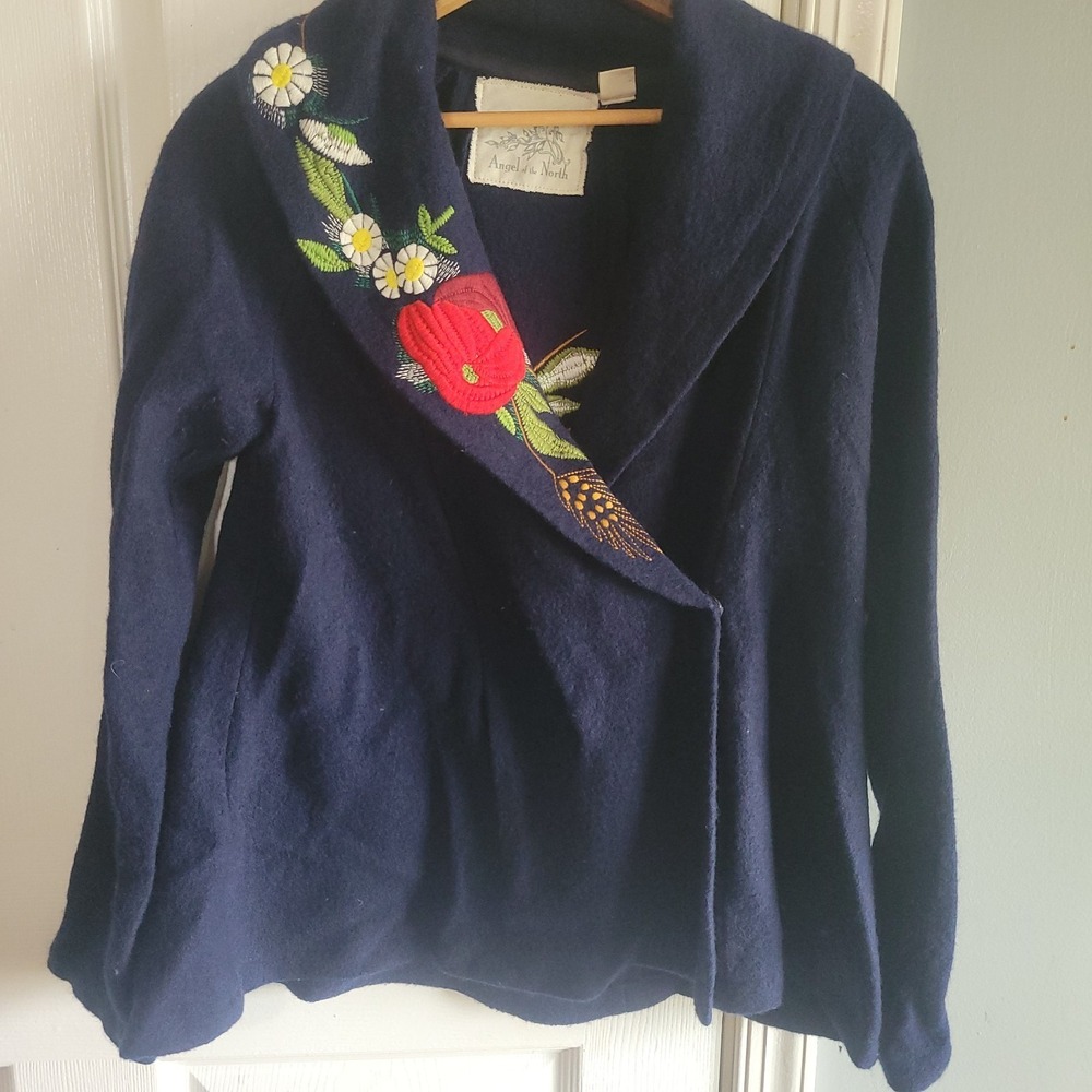 Angel Of The North Jacket Womens Embroidered Floral Blue 100% Wool Anthropologie